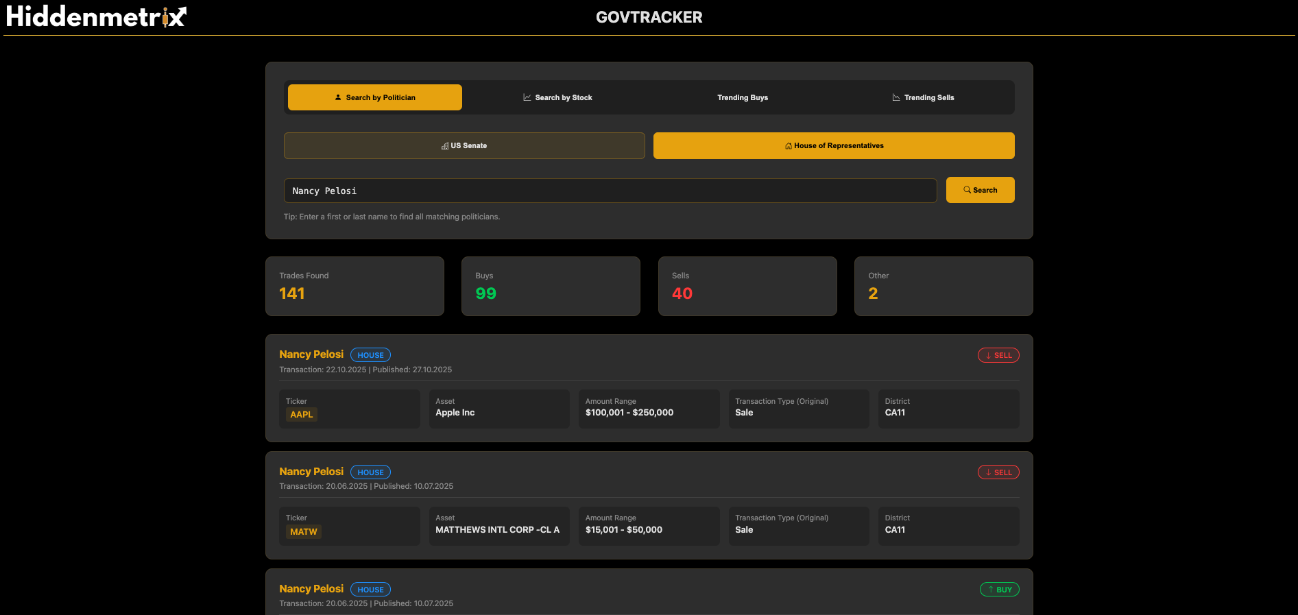 GovTracker Politiker-Suche Interface