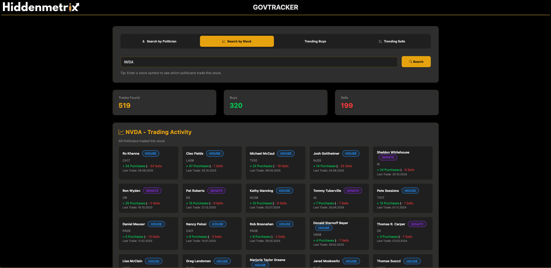 GovTracker Aktien-Suche Interface