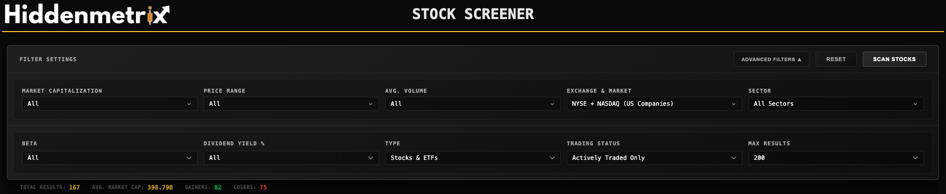 Stock Screener Filter-Interface